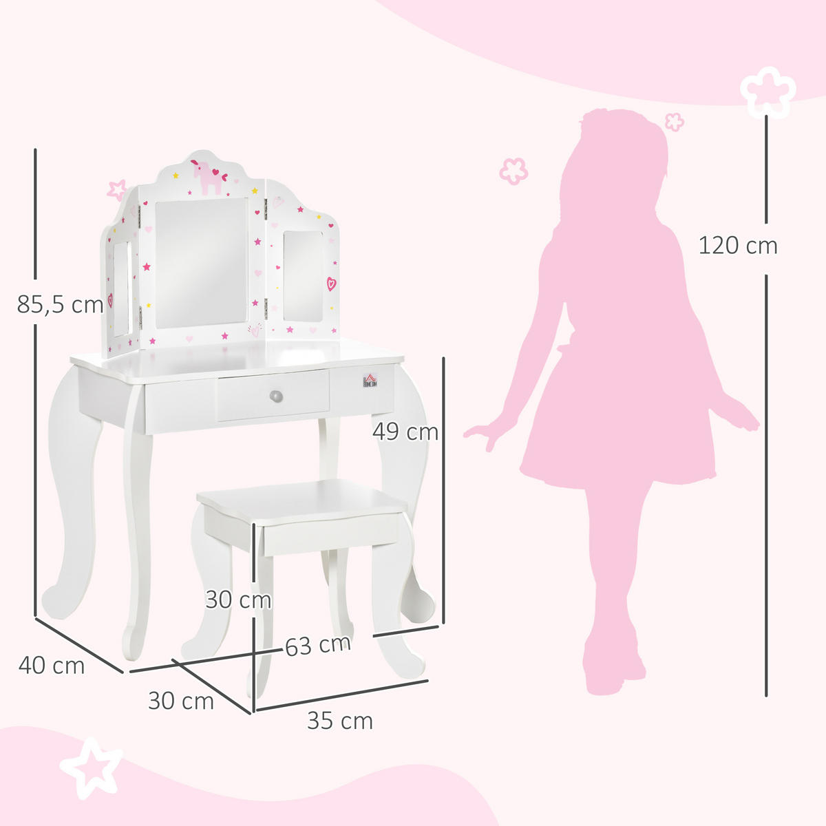 KINDERSCHMINKTISCH DE-18628 mit Triptychonspiegel & Schublade Weiß - Weiß, Holzwerkstoff (40/85.5/63cm) - ComfortXL