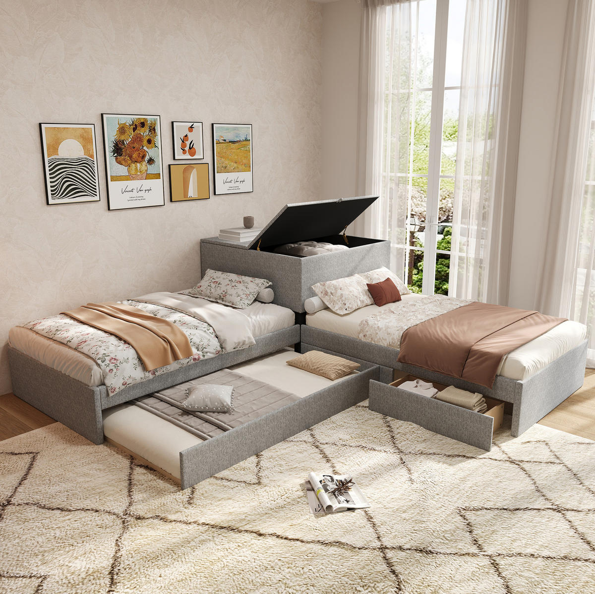 POLSTERBETT 90/200 cm grau aus Leinen mit Ausziehbett und Stauraum - Grau, Textil - OKMYHOME