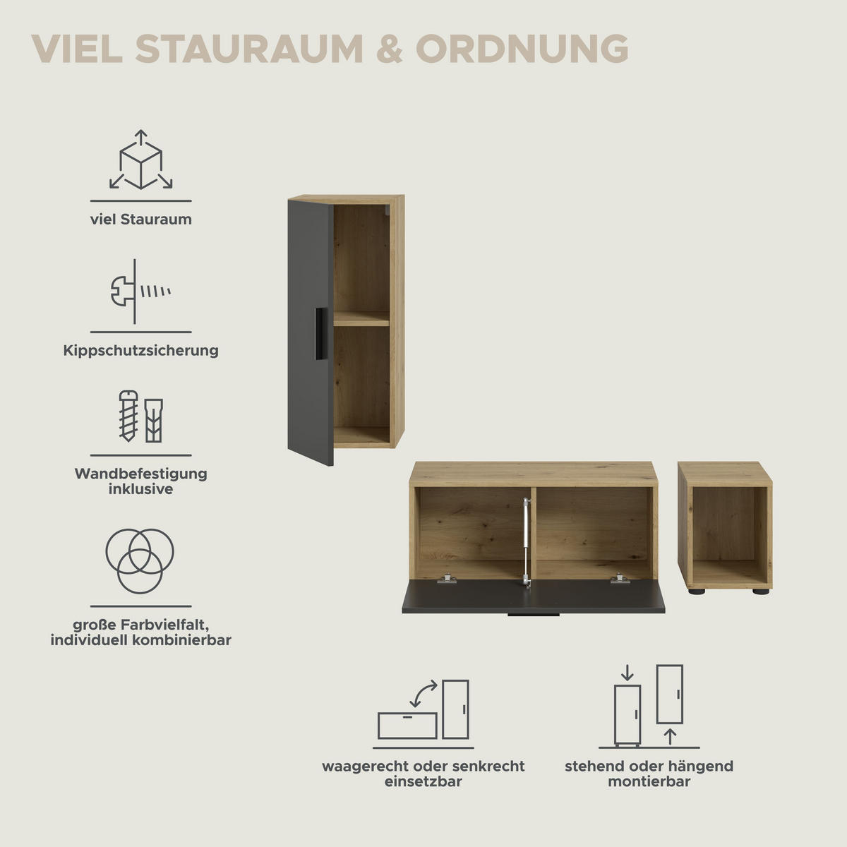 WOHNWAND The One Basalt grau 75/34/34 cm - Braun, Holzwerkstoff (75/34/34cm) - Xonox