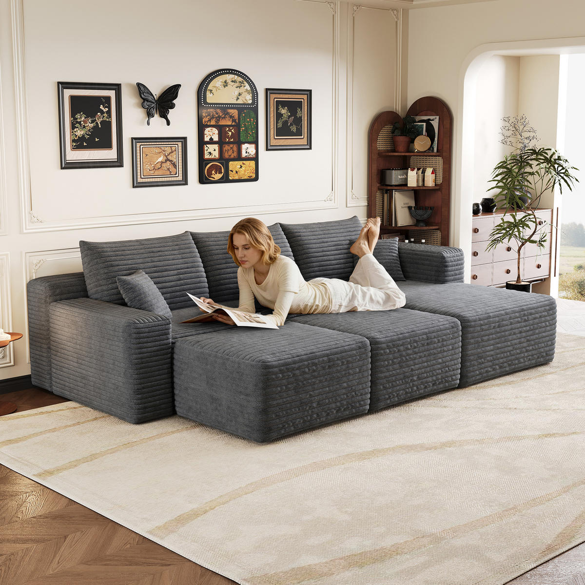 WOHNLANDSCHAFT Cord Dunkelgrau ohne Montage - Grau, Textil (241/58/151cm) - WISHDOR