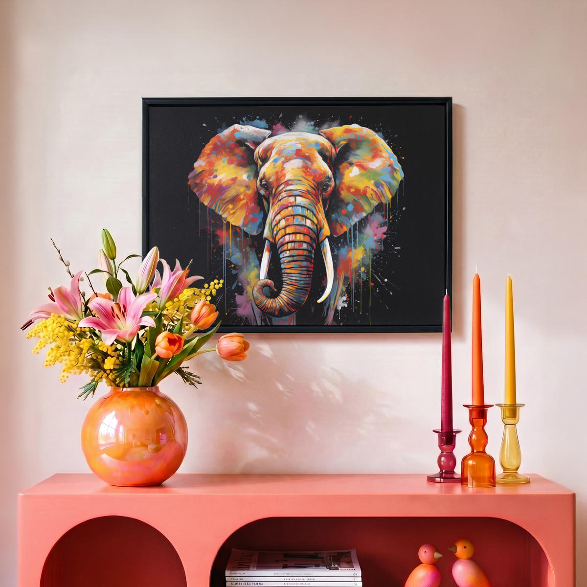 LEINWAND Bilder mit Rahmen - Elefant - Graffiti - Schwarz - Tiere - Farben - 40x30 - Schwarz, Textil (40/30cm) - MuchoWow