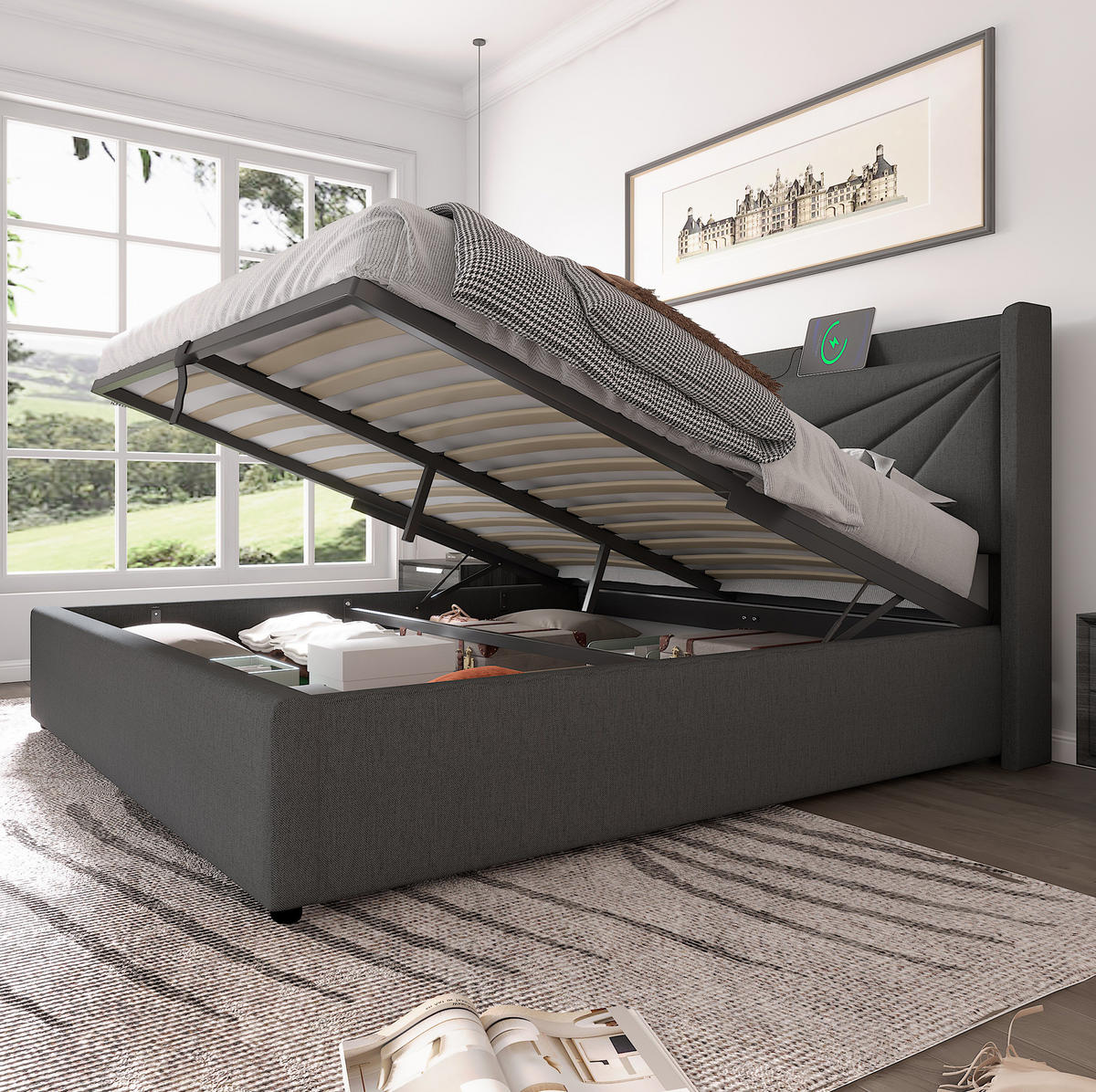 POLSTERBETT aus Baumwoll-Leinen 180x200 cm in Grau mit USB/Typ-C - Grau, Textil (180/200cm) - Modfu