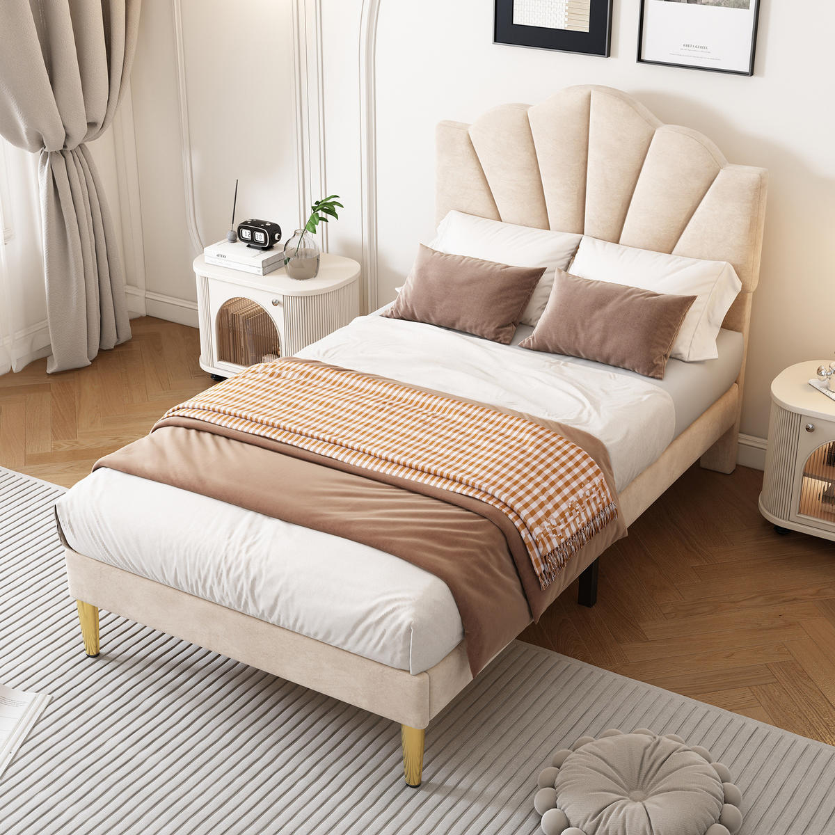 POLSTERBETT 90/200 cm Beige aus Samt mit verstellbarem Kopfteil - Beige, Textil (90/200cm) - OKMYHOME