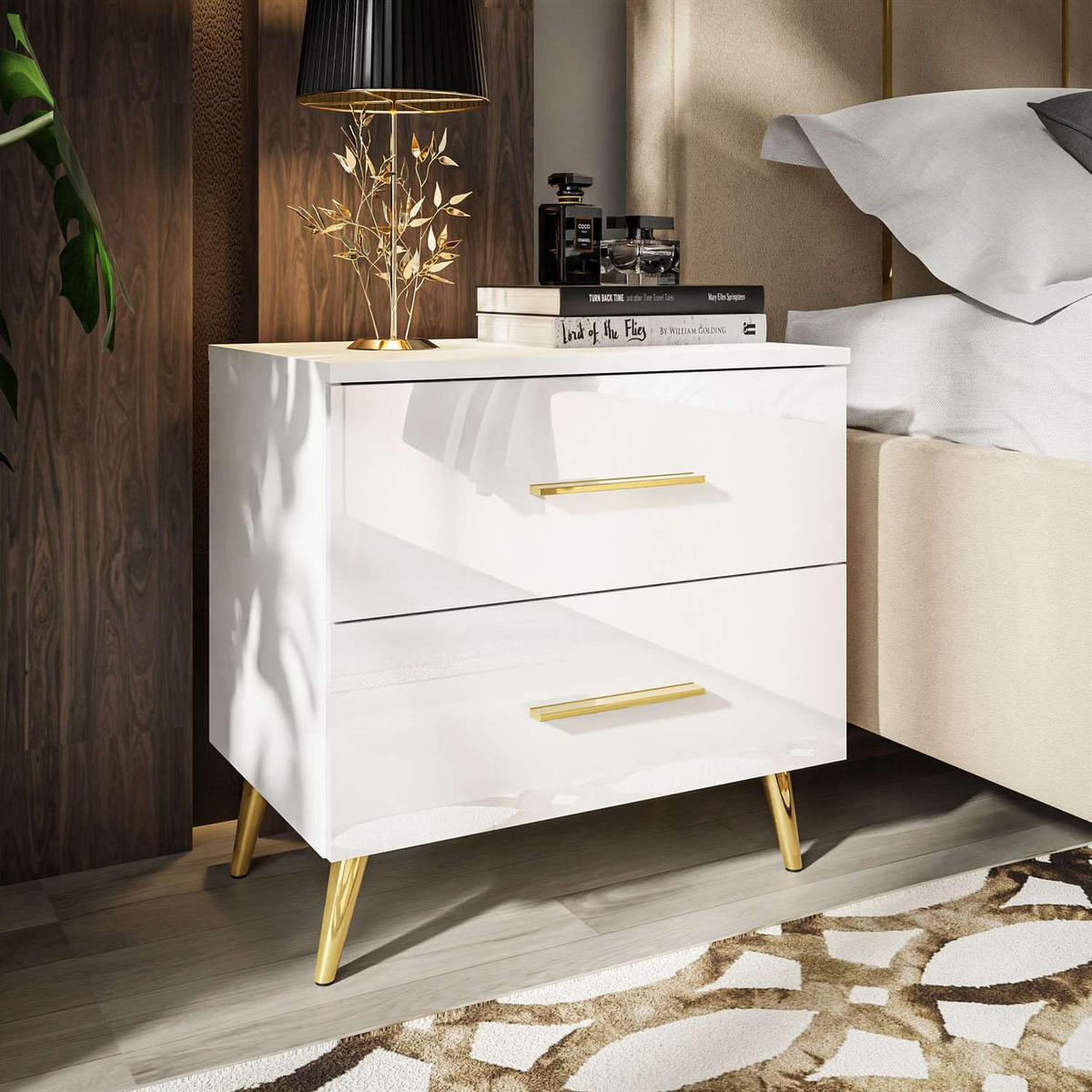 NACHTTISCH AURA mit Griffen, goldenen Beinen - Weiß, Holzwerkstoff (55/55/37cm) - Lookway