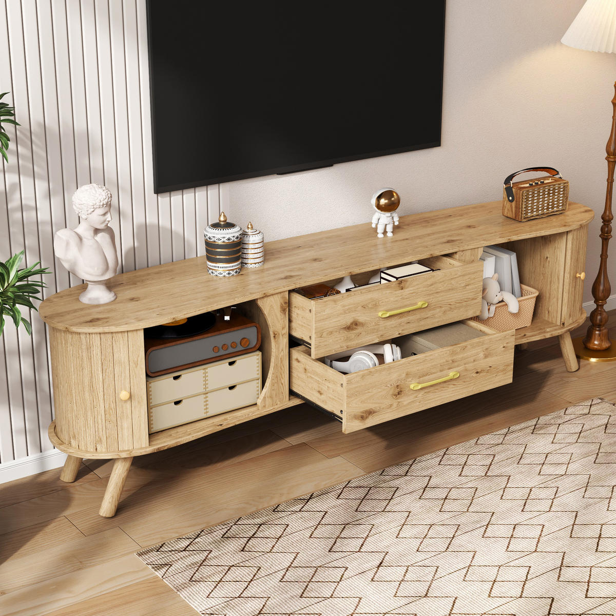 TV-LOWBOARD organisch Rillenoptik 2 Türen 2 Schubladen - Naturfarben, Holz (160/55/36.5cm) - Fortuna Lai
