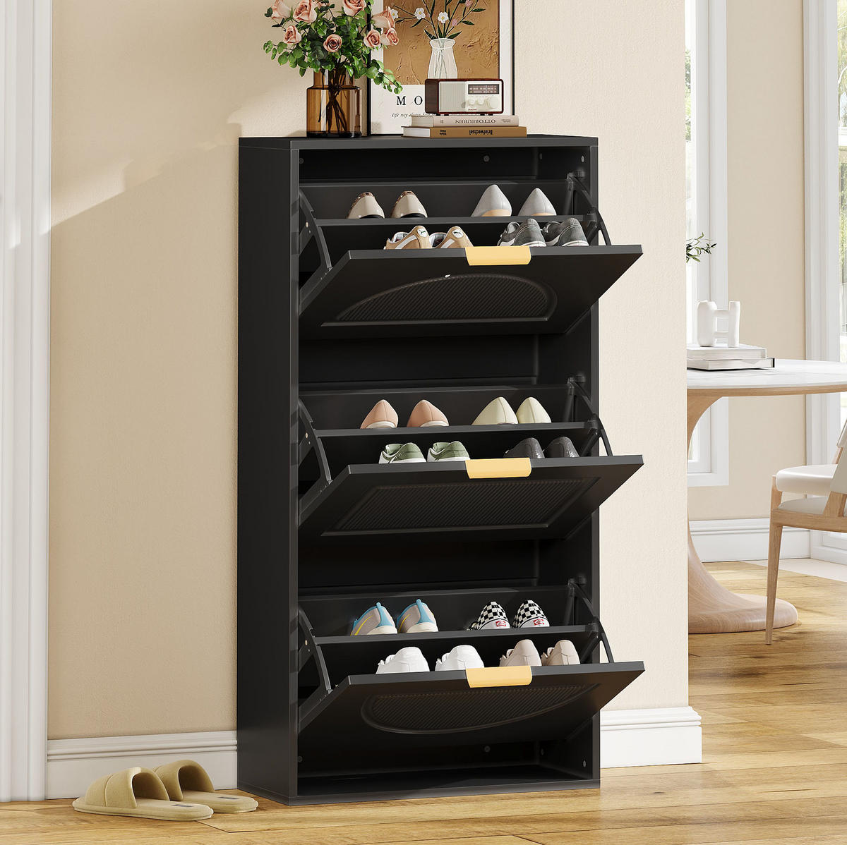 SCHUHSCHRANK aus MDF & Spanplatte 60x24x114cm in Schwarz mit Kippsicherung - Schwarz, Holzwerkstoff (60/114/24cm) - Modfu