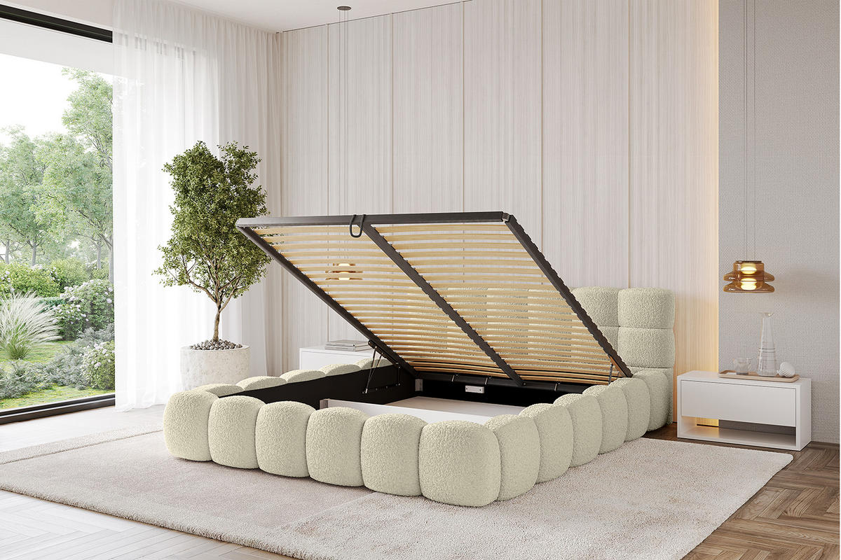 POLSTERBETT mit Bettkasten und Lattenrost, Bett mit Matratze H3/H4 - LEYA-v1 200x200 Beige - Beige, Holzwerkstoff/Textil (200/200cm) - ALTDECOR