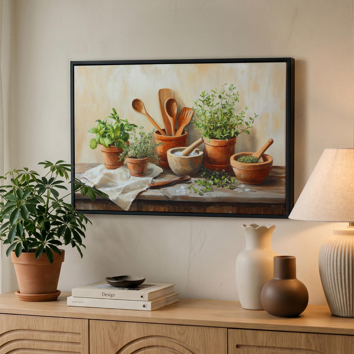 LEINWAND Bilder mit Rahmen - Töpfe - Kräuter - Holz - 60x40 - Terracotta, Textil (60/40cm) - MuchoWow