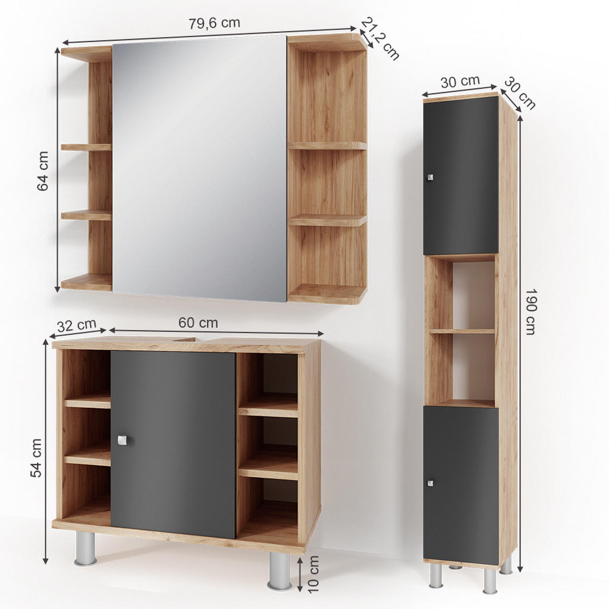BADMÖBEL-SET Fynn Eiche 3 Teile, mit Hochschrank - Eichefarben/Anthrazit, Holzwerkstoff (60/54/32cm) - Vicco