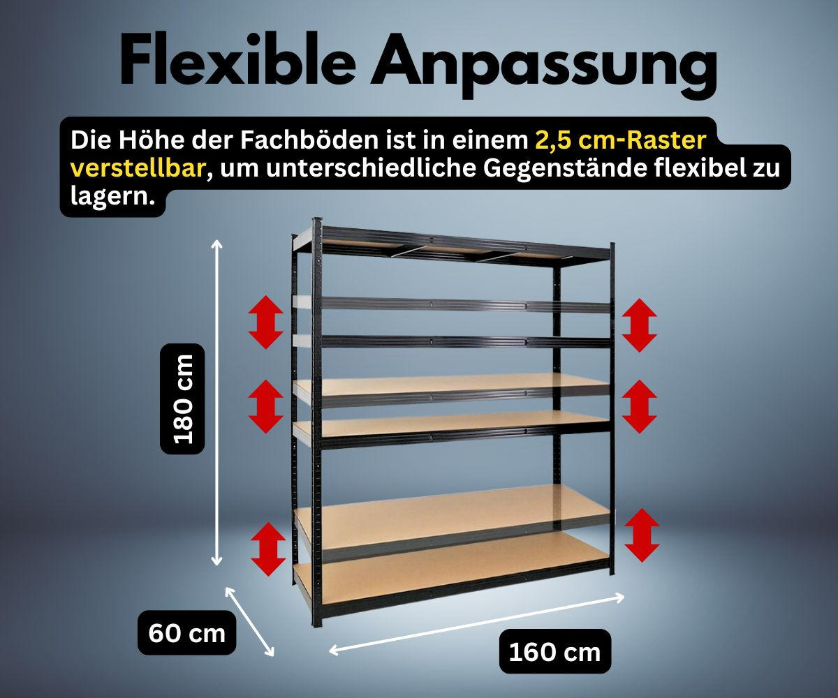 SCHWERLASTREGAL Taurus XL 180x160x60 cm Fachlast 250 kg Schwarz - Schwarz, Metall (160/180/60cm) - PROREGAL