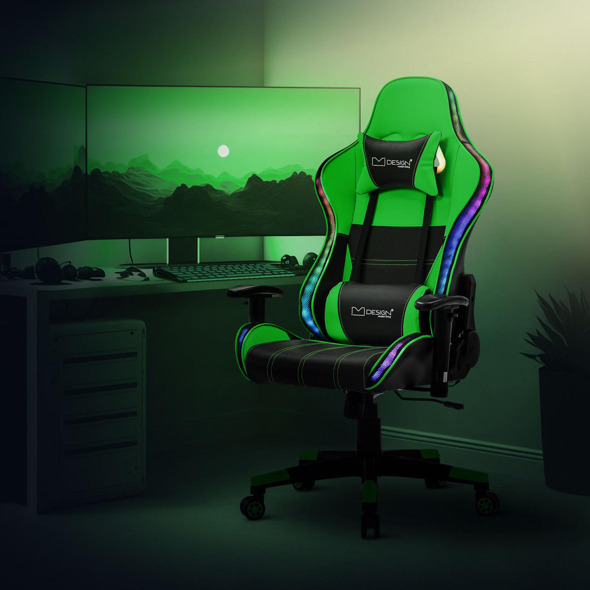 GAMINGSTUHL mit RGB Licht und Lautsprecher, Grün, aus Kunstleder - Schwarz/Grün, Kunststoff/Metall (68/132/66cm) - ML-DESIGN