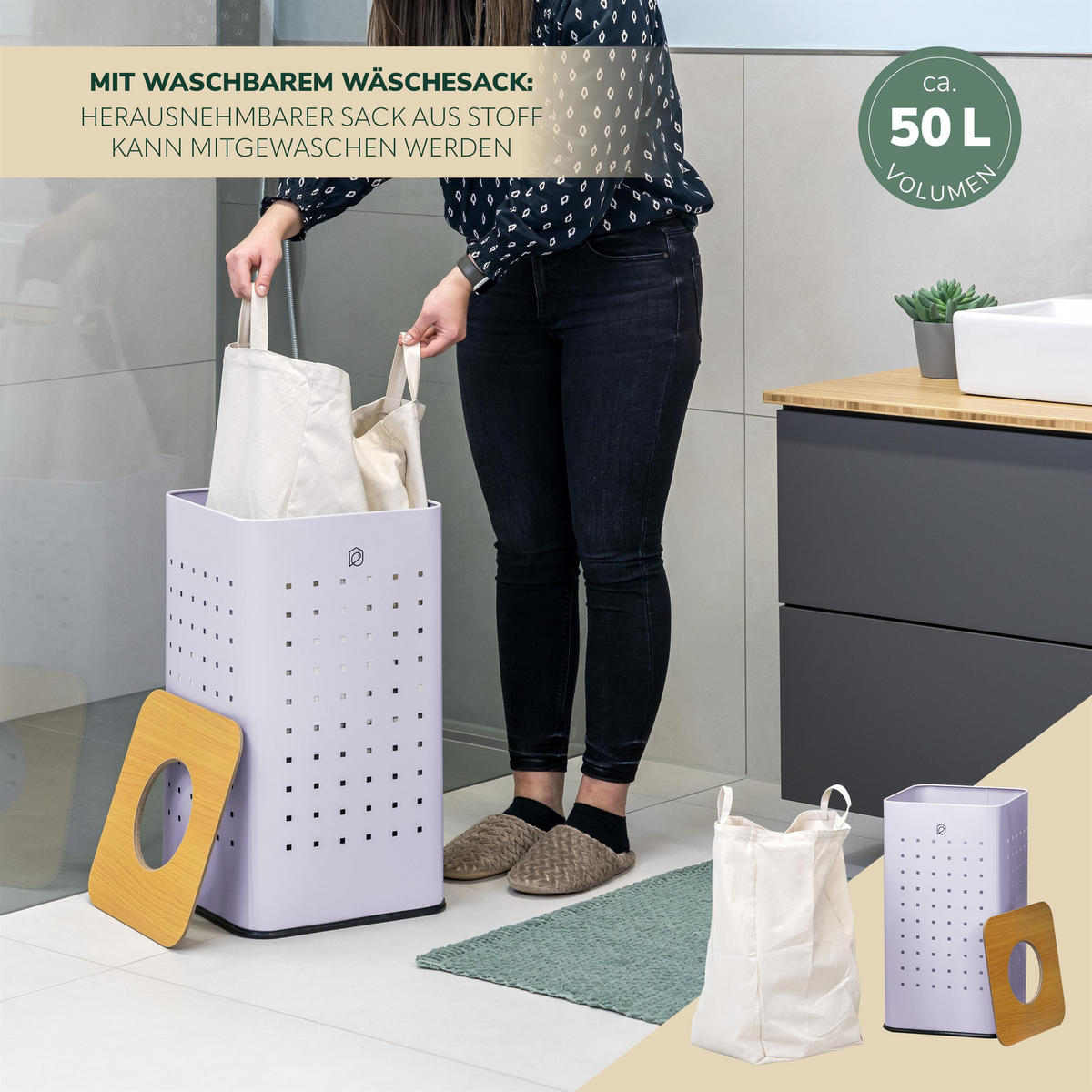 WÄSCHETONNE 50 Liter, lila - Lila, Metall (32/58/32cm) - eluno