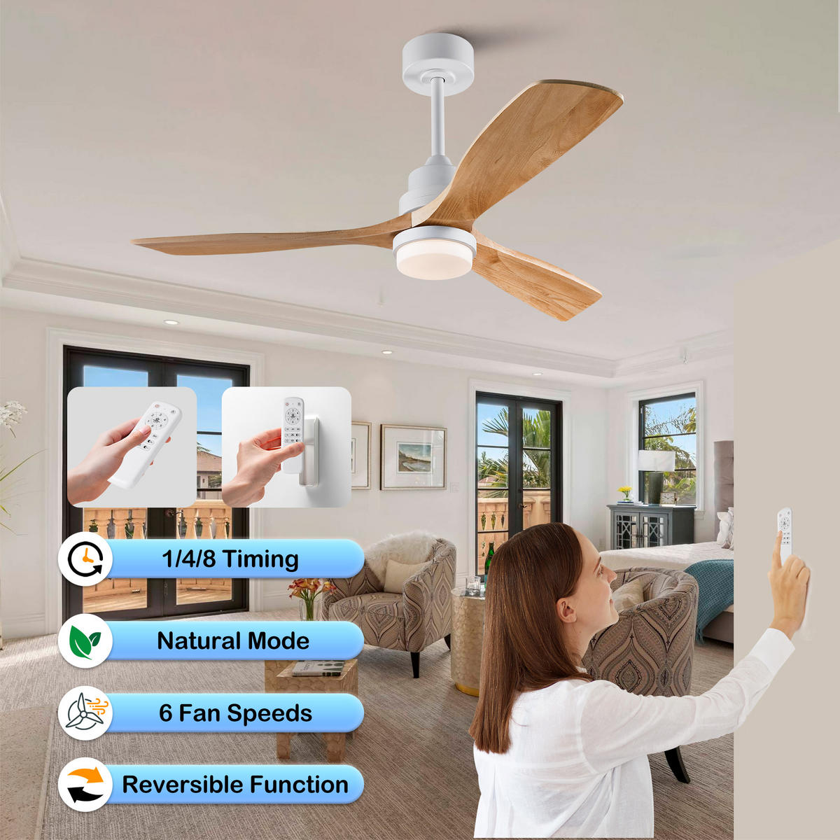 DECKENVENTILATOR DE-16243 52 Zoll mit Massivholzflügeln & Fernbedienung Naturholz - Naturfarben, Holz/Metall (132/132/37cm) - ComfortXL