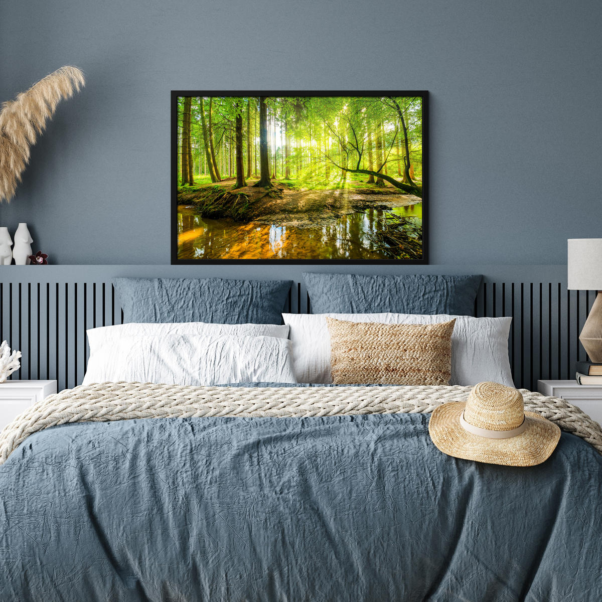 POSTER MIT RAHMENGERAHMTES BILD Wald - Landschaft - Wasser - Bäume - Sonne - Grün - Natur 90x60 cm - Grün, Papier (90/60cm) - MuchoWow