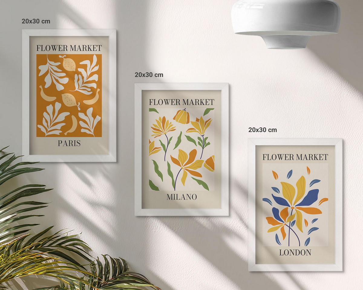 BILDER SET 3er Set - 20x30 cm Weißer Rahmen - Blumenposter Paris Mailand London - Weiß, Kunststoff (20/30cm) - TULUP