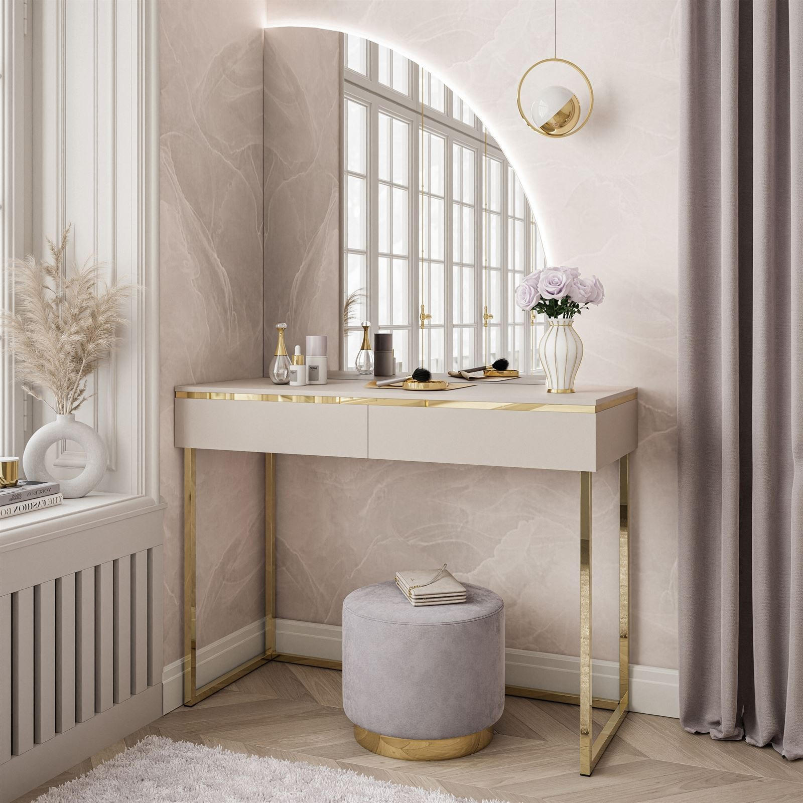SCHMINKTISCH AURORA-Q GOLD auf goldenem Gestell mit rechts Spiegel - Kaschmir/Goldfarben, Holzwerkstoff/Metall (102/174/44cm) - Lookway