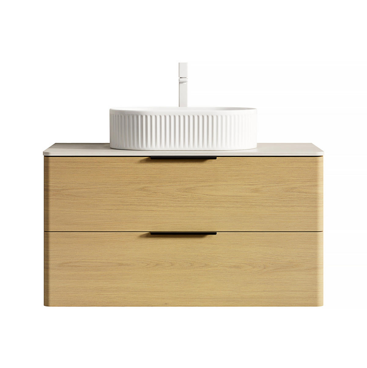 WASCHTISCHKOMBI 90x46x62.2cm Beige/Eiche/Weiß mit ovalem Keramikbecken & Travertin-Arbeitsplatte - Eichefarben, Keramik (90/62.2/46cm) - Modfu