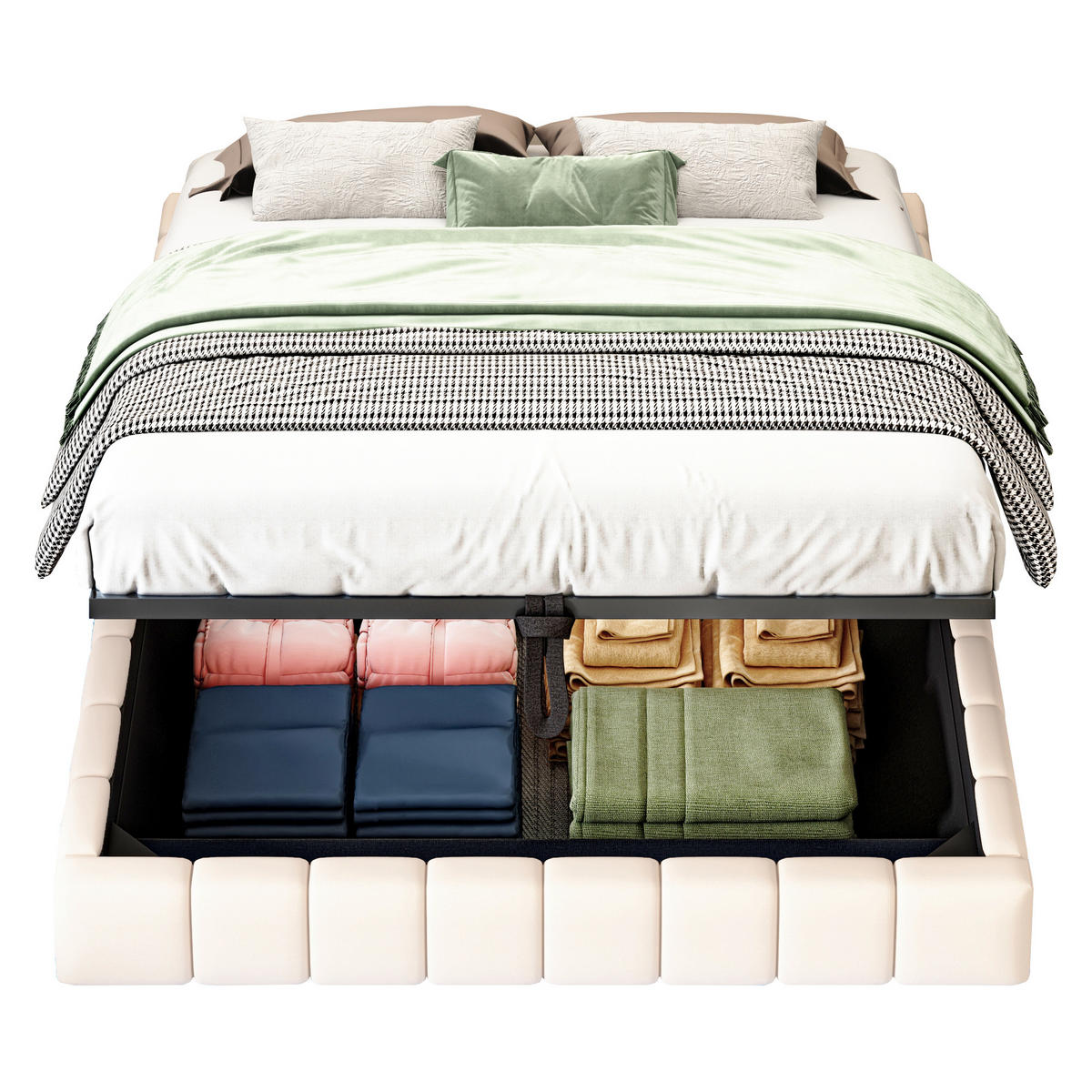 POLSTERBETT 140/200 cm Beige Hydraulischer Schwebebettrahmen mit Stauraum und LED-Beleuchtung - Beige, Textil (140/200cm) - OKWISH