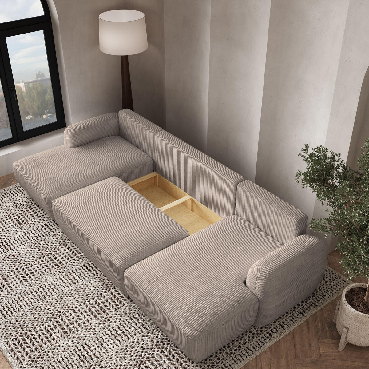 WOHNLANDSCHAFT SAVONA P Beige Kordstoff mit Schlaffunktion - Beige, Holz (320/90/148cm) - MASSENO