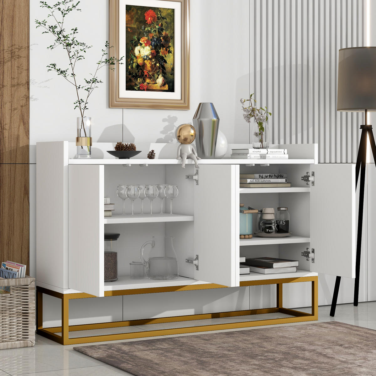SIDEBOARD 120/30/80 cm in Weiß, grifflos mit 4 Türen & Metallrahmen - Weiß, Holzwerkstoff (120/80/30cm) - BEAOK