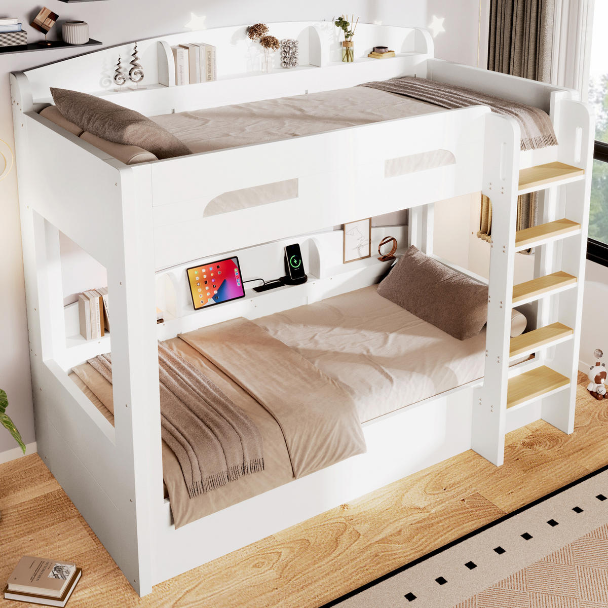 ETAGENBETT 90x200 cm in Weiß mit USB-Steckdose und Ablageflächen - Weiß, Holz (90/200cm) - IVMEU