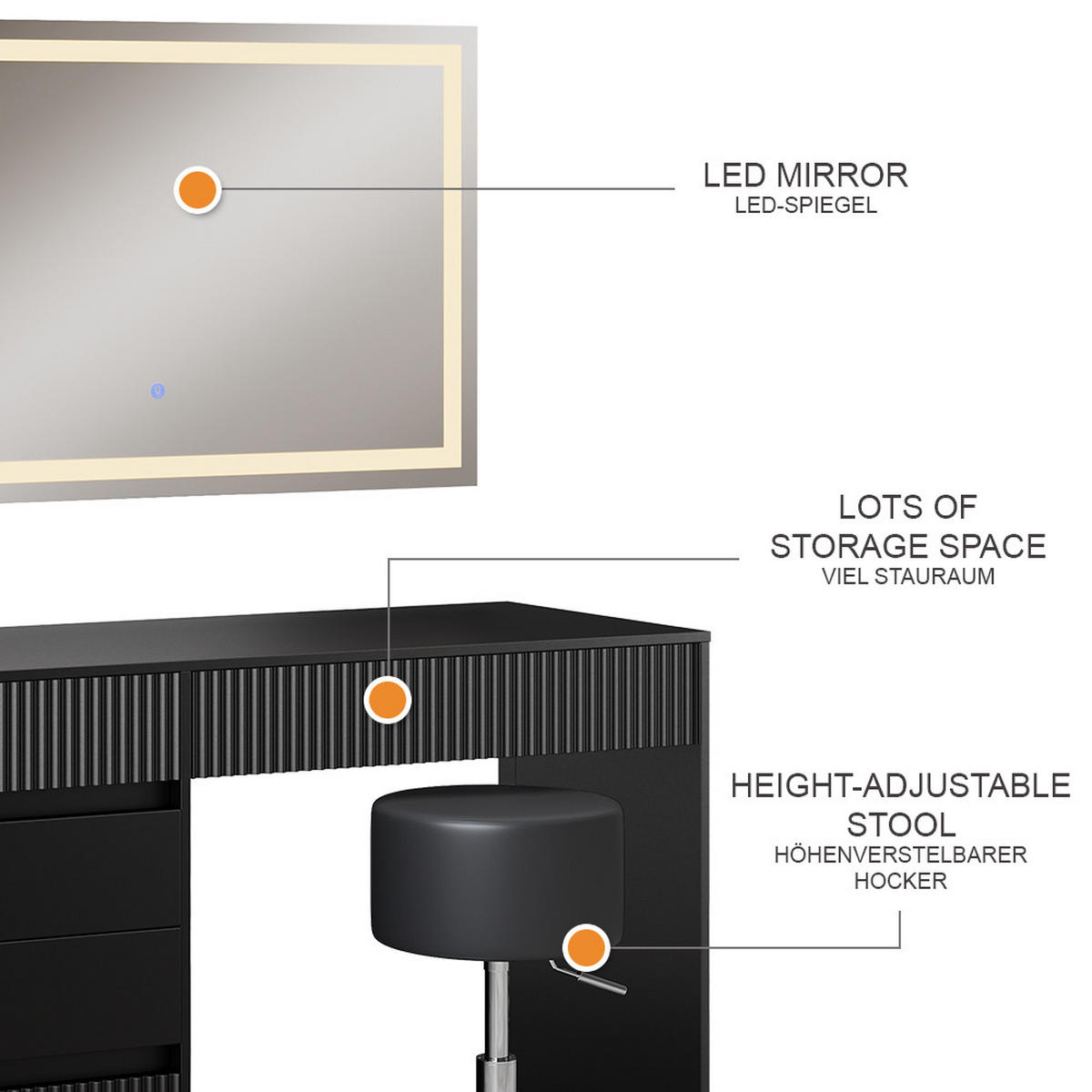 SCHMINKTISCH Omira Schwarz 120 cm mit LED-Spiegel und Hocker - Schwarz, Holzwerkstoff (120/76/55cm) - Vicco