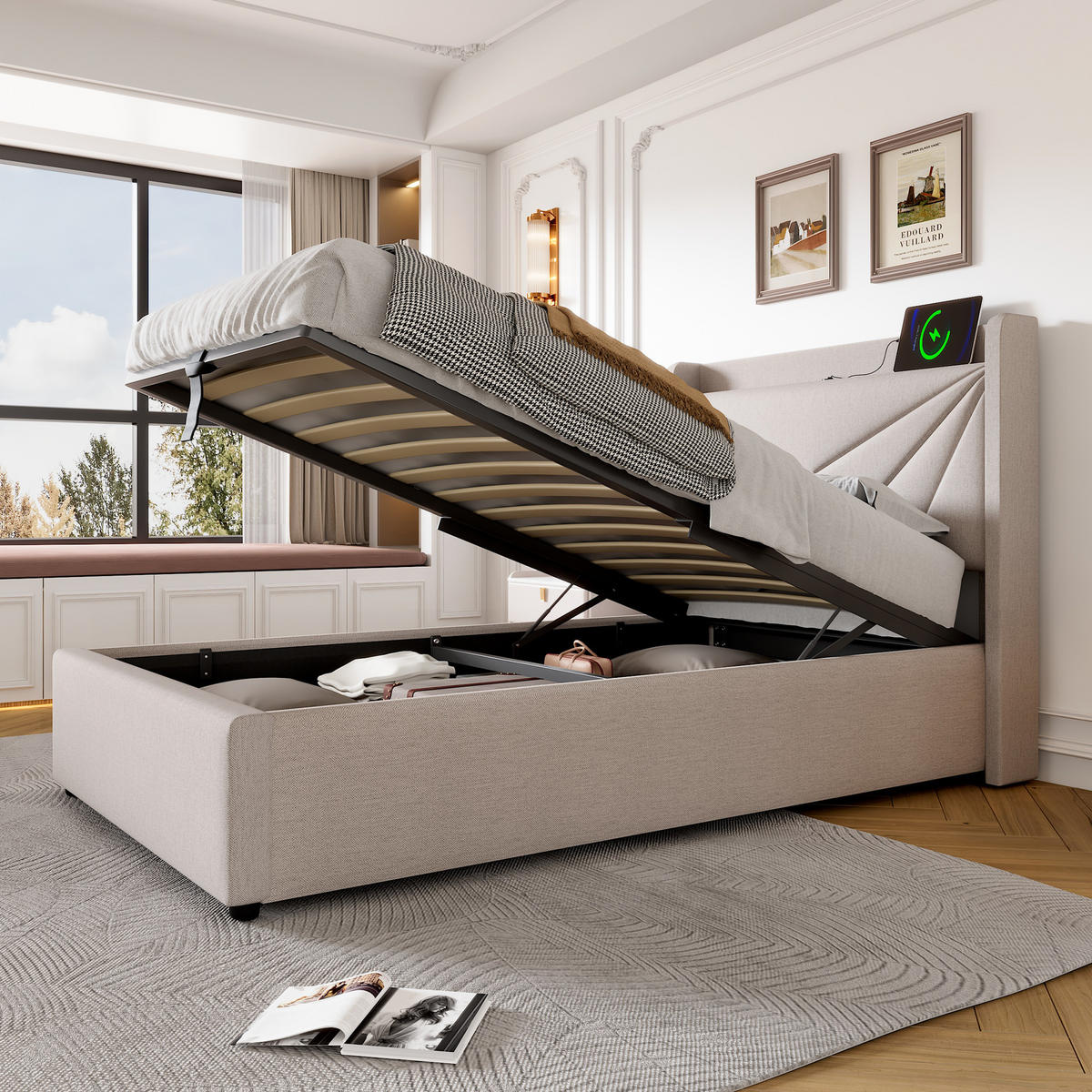 POLSTERBETT 90/200 cm Beige mit Stauraum und USB- und Type-C-Anschlüssen aus Baumwolle-Leinen - Beige, Textil (90/200cm) - OKWISH