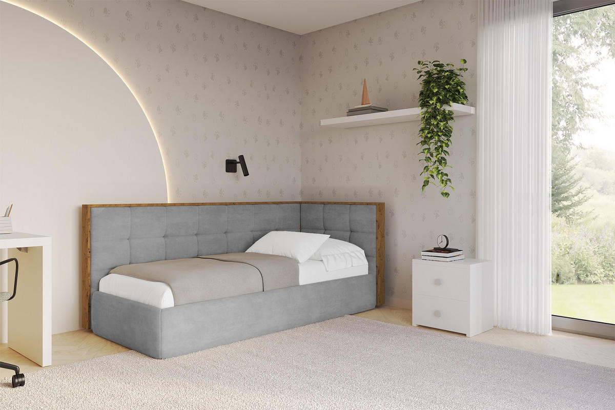 EINZELLBETT Jugendbett mit Bettkasten und Matratze H3/H4, Links - SOVY 90x200 Grau - Hellgrau, Holzwerkstoff/Textil (90/200cm) - ALTDECOR