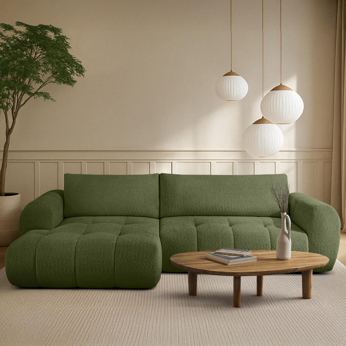 ECKSOFA LINKS LIRA, Olivgrün, Bouclé - Olivgrün, Holz/Holzwerkstoff (295/112cm) - KONSIMO®