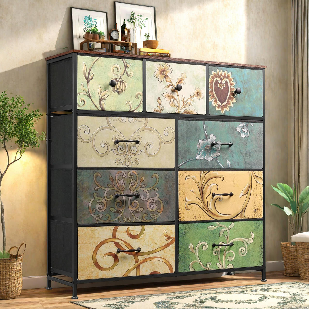 KOMMODE mit 9 Stoffschubladen, Stoffkommode mit Metallrahmen - Multicolor, Holz (30/100/100cm)