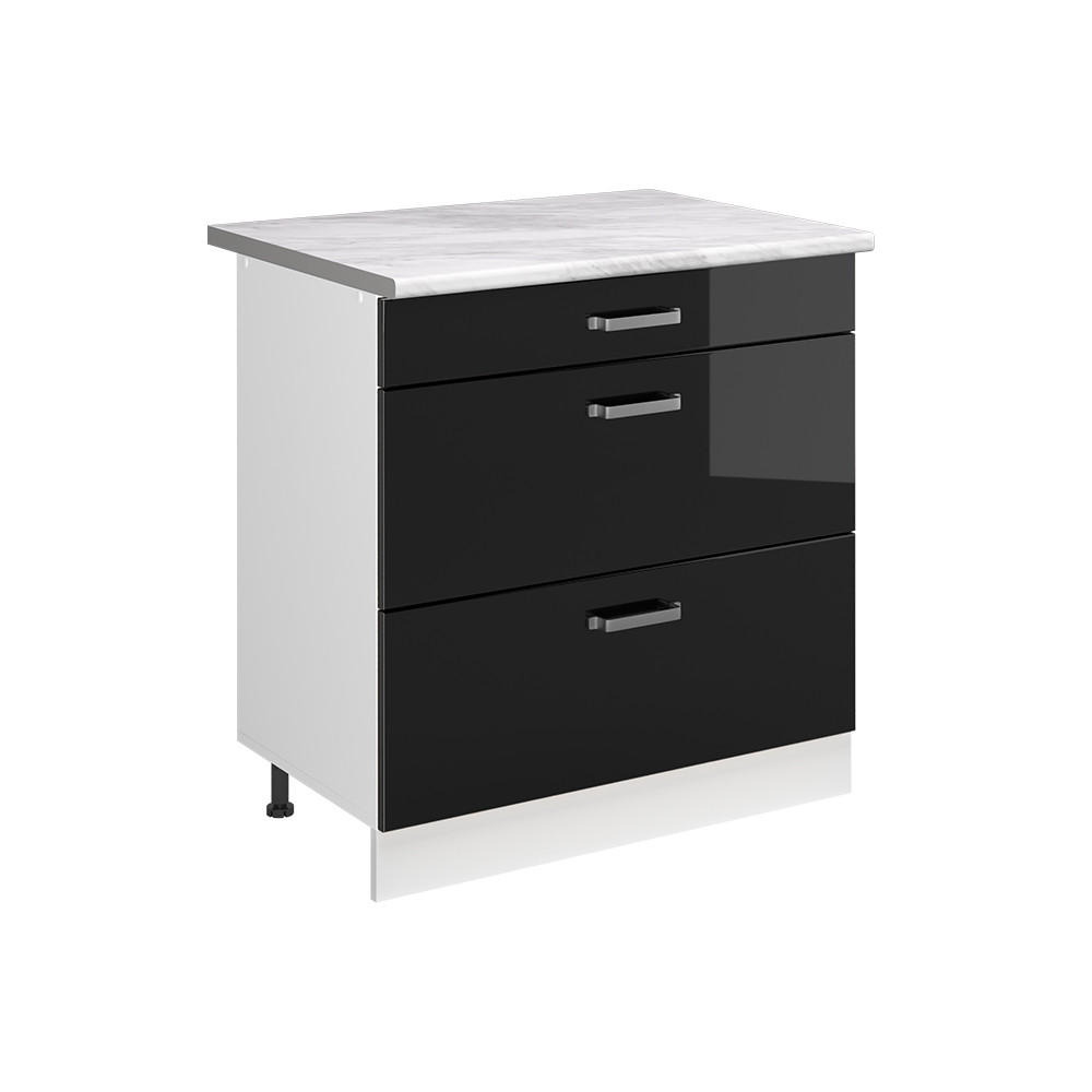 Vicco SPODNÍ SKŘÍŇKA KUCHYŇSKÉ LINKY R-Line, Černý vysoký lesk/Bílá, 80 cm se 3 zásuvkami pracovná doska Mramor