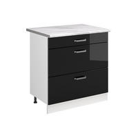 KÜCHENUNTERSCHRANK R-Line, Schwarz Hochglanz/Weiß, 80 cm mit 3 Schubladen Arbeitsplatte Marmor - Schwarz Hochglanz/Weiß, Holzwerkstoff (80/81.6/60cm) - Vicco