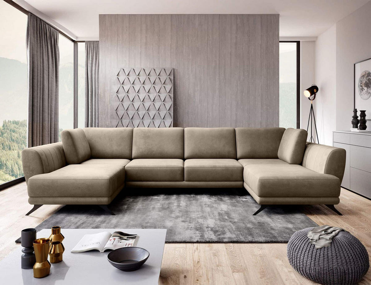 WOHNLANDSCHAFT mit Schlaffunktion & Bettkasten, luxus Nube-Stoff - Hellbraun/Schwarz, Textil/Metall (362/90/191cm) - Eltap