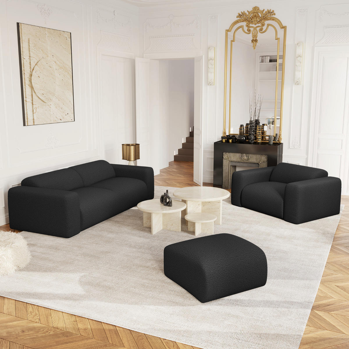 SOFA 3-Sitzer Bouclé-Stoff Schwarz 205cm - Dunkelgrau/Anthrazit, Textil (205/73/97cm) - Sia Home