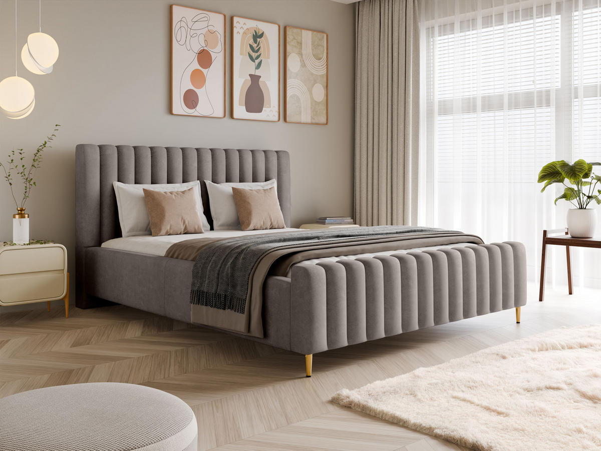 POLSTERBETT Lux Grau 160x200 cm mit Stauraum, Kopfteil, Lattenrost, Goldenen Füßen, Stoff Amon - Goldfarben/Grau, Holzwerkstoff/Kunststoff (160/200cm)