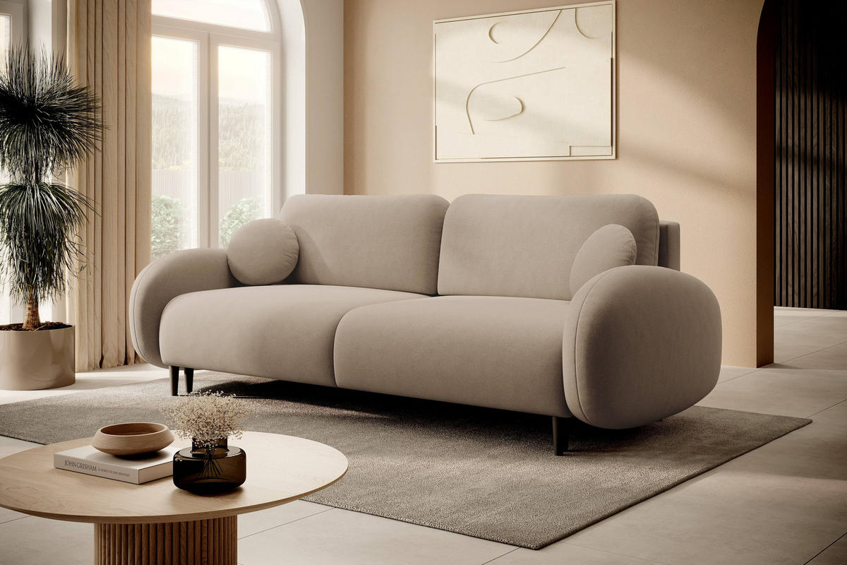 BETTSOFA AGIO Beige Plüsch-Stoff mit Schlaffunktion - Beige, Holz (232/95/109cm) - MASSENO