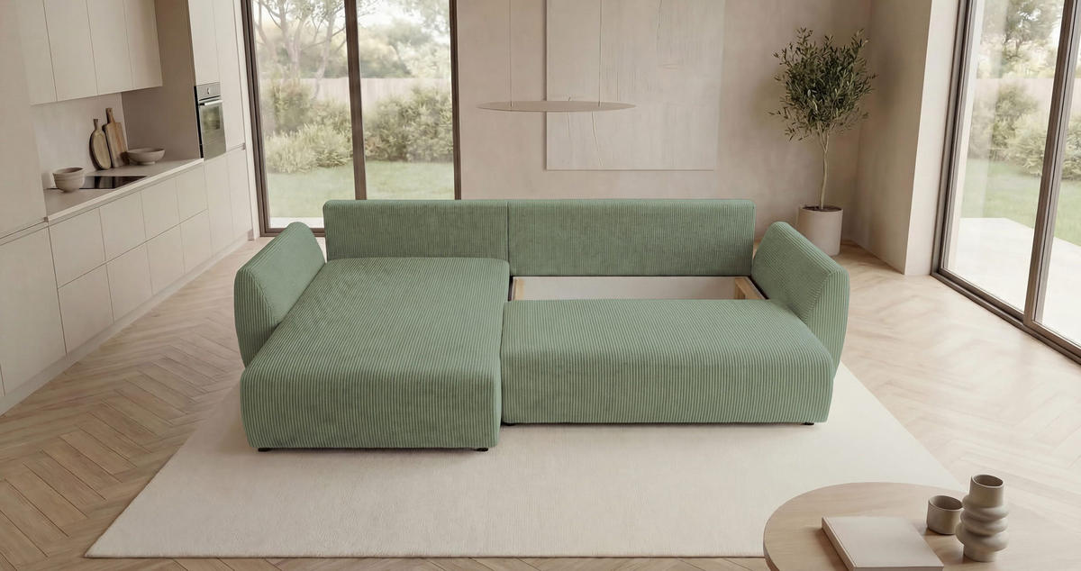 ROHOVÁ pohovka SYDNEY levá světle zelená manšestr Poso 47 - funkce spaní, úložný prostor - světle zelená, textil (280/174cm) - Cornero