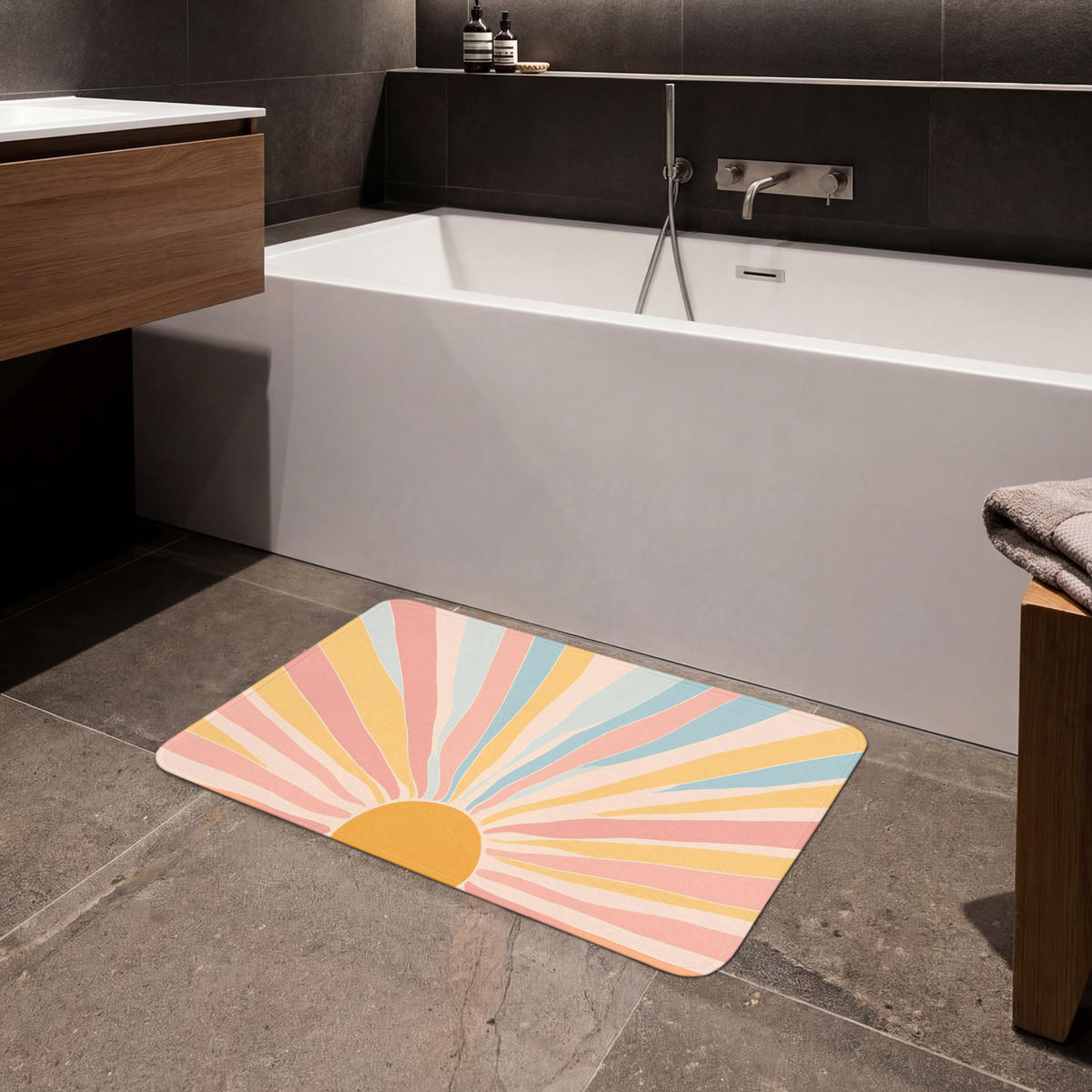 BADEMATTE Illustration - Sonne - Pastellfarben 80x50 cm - Pastellblau, Kunststoff/Textil (80/50cm)