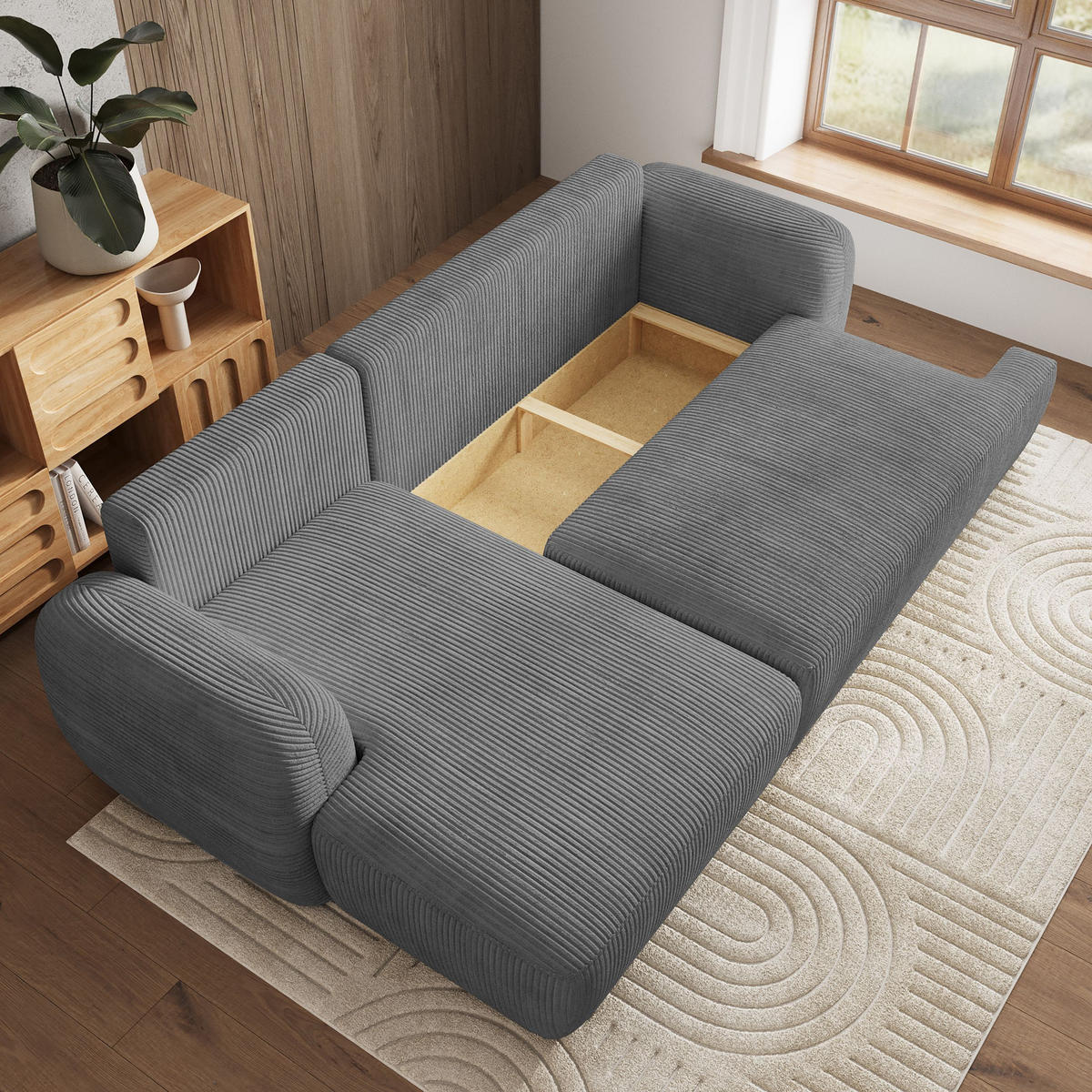 ECKSOFA MODENZA P L-S Grau Kordstoff mit Schlaffunktion - Grau, Holz (266/148cm) - MASSENO