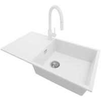 GRANITSPÜLE Ibiza, 2-er set Weiß 90/50 cm 1 Becken + Küchenarmatur 40/20 cm + Ablauf-Set ab 60er Unterschrank - Chromfarben/Weiß, Kunststoff (90/19/50cm) - Primagran