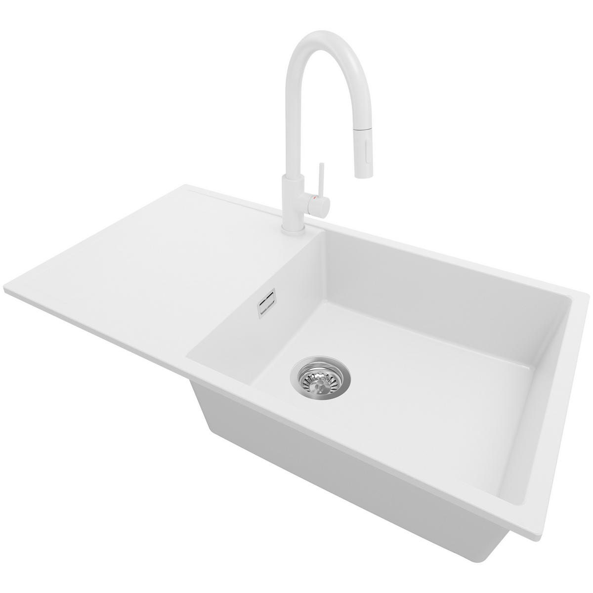 GRANITSPÜLE Ibiza, 2-er set Weiß 90/50 cm 1 Becken + Küchenarmatur 40/20 cm + Ablauf-Set ab 60er Unterschrank - Chromfarben/Weiß, Kunststoff (90/19/50cm) - Primagran