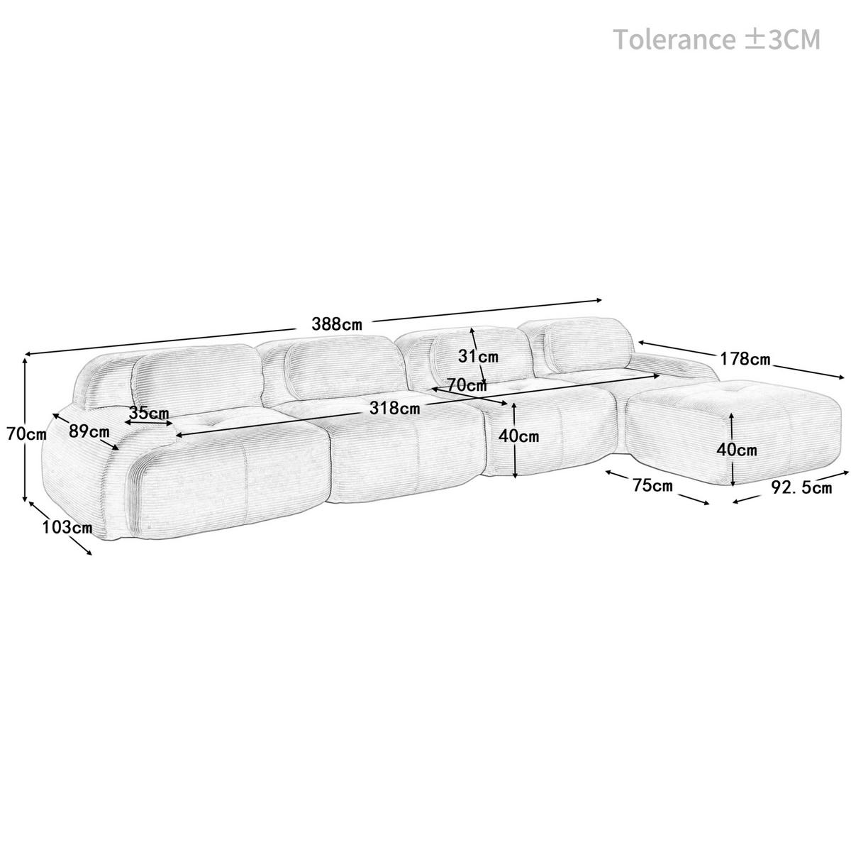 ECKSOFA modular rahmenlos Cord Grey - Grau, Kunststoff (178/388cm) - Meubliv