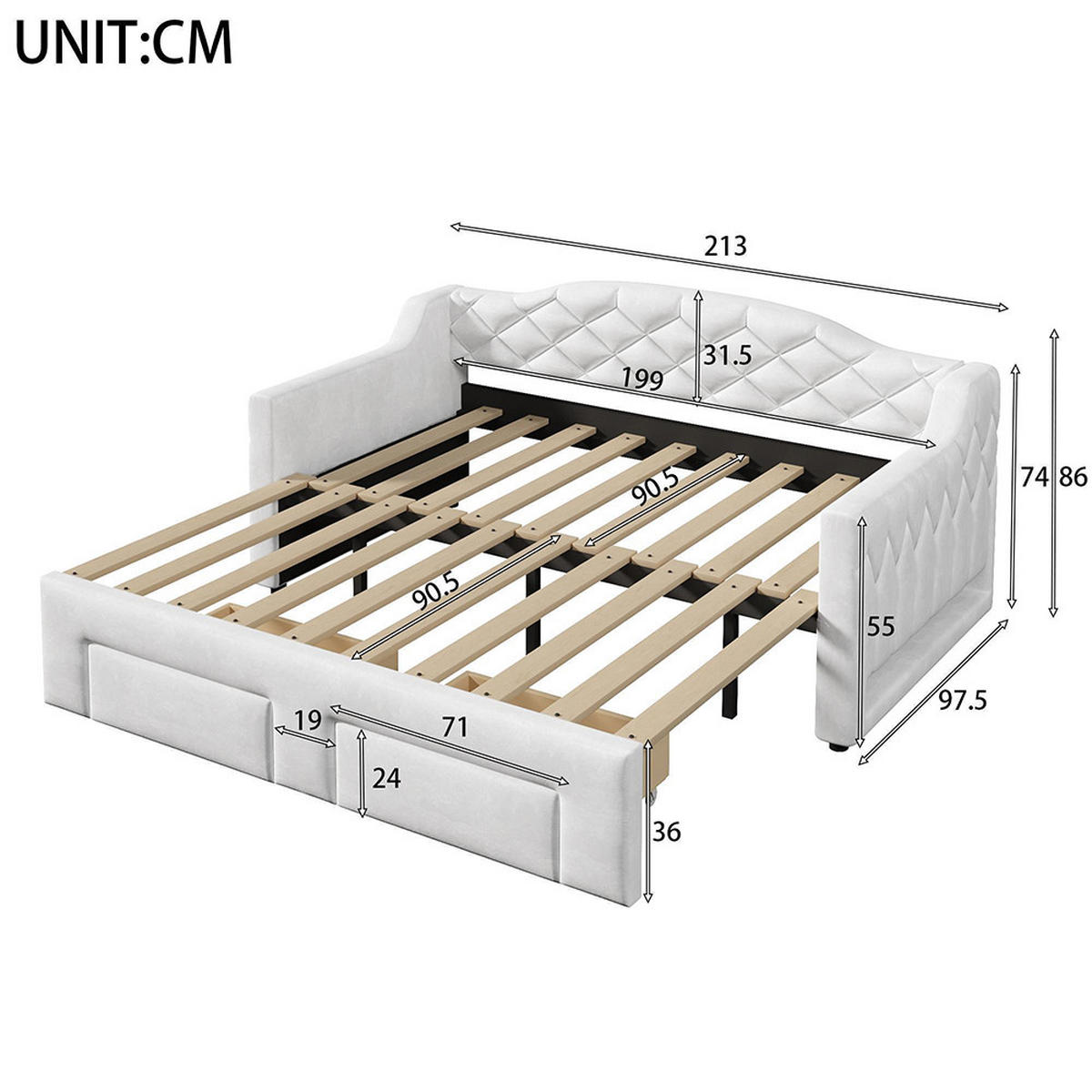 TAGESBETT 90x200 bis 180x200 cm mit zwei Schubladen und LED-Beleuchtung, Weiß - Weiß, Holz (90/200cm) - KOMHTOM