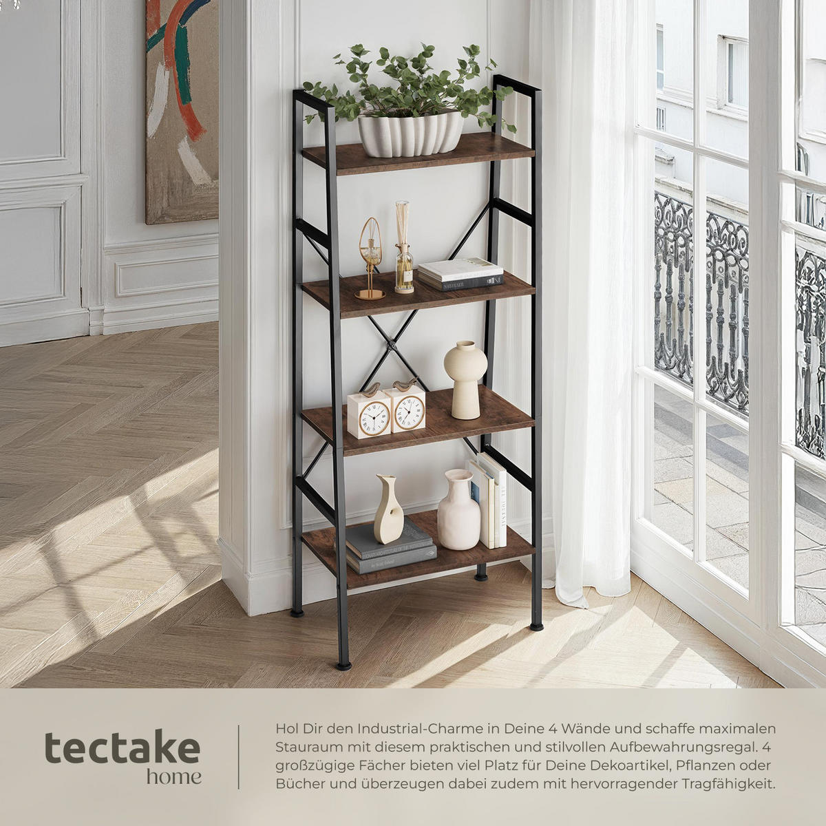 LEITERREGAL Newcastle,inklusive Kippschutz, 57,5 x 35,5 x 139 cm,Industrial Holz dunkel, rustikal - Rostfarben, Holz (35.5/139/57.5cm) - tectake