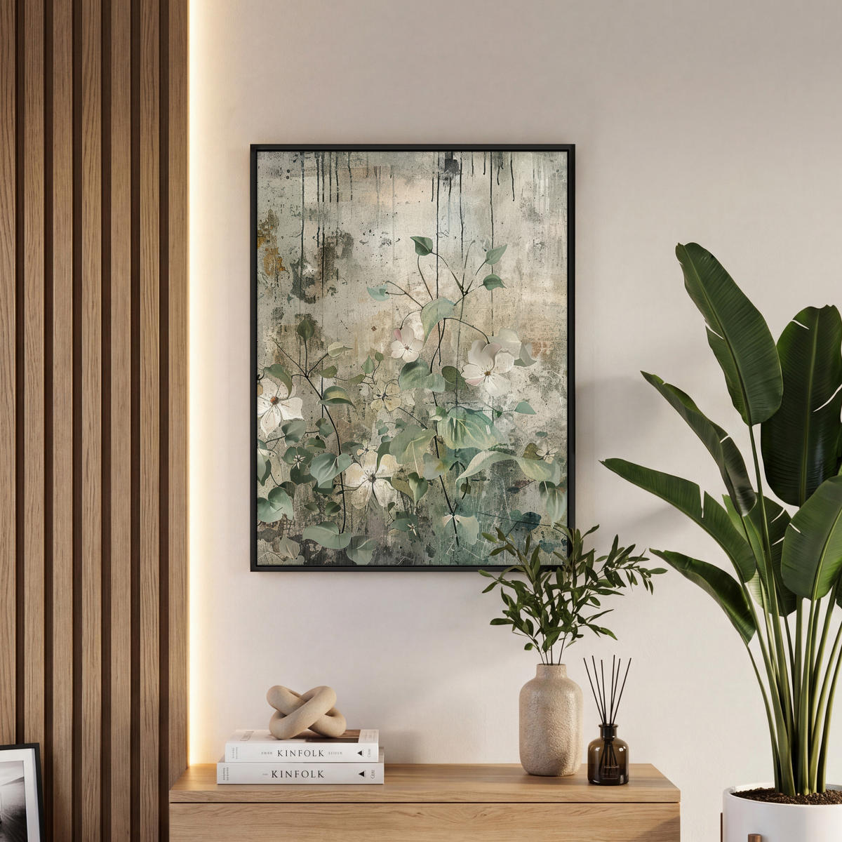 LEINWAND Bilder mit Rahmen - Blumen - Blätter - Abstrakt - Modern - 60x80 - Grau, Textil (60/80cm) - MuchoWow
