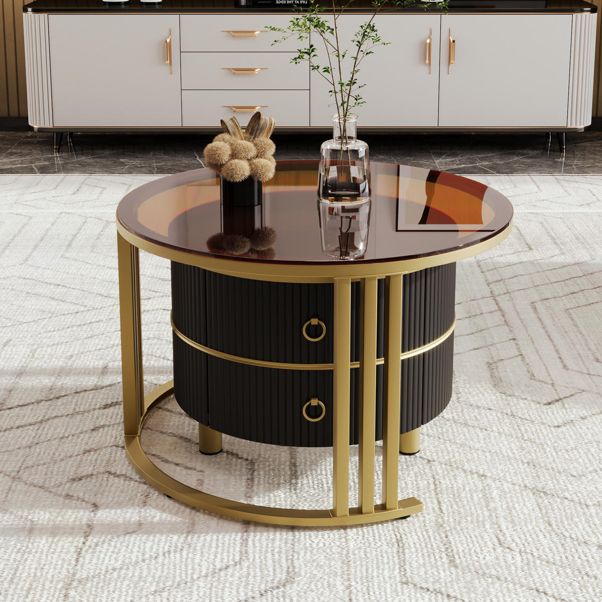 COUCHTISCH aus MDF & Glas 70x70x45 & 50x50x40 cm in Schwarz mit 2 Schubladen - Schwarz, Holzwerkstoff (70/70/45cm) - Modfu