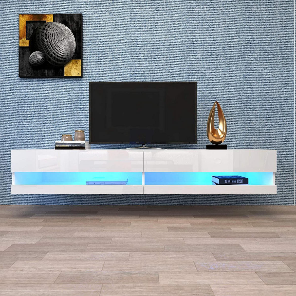 TV ormarić od MDF-a 140x40x30,5 cm bijela s LED rasvjetom, zidna montaža i visokosjajna prednja strana - bijela, drvni materijal (140/30.5/40cm) - Modfu