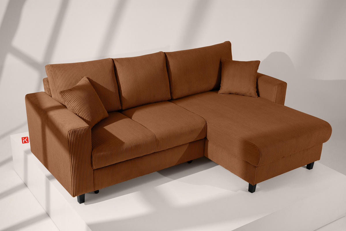 ECKSCHLAFSOFA EGRET Rechts mit Bettkasten, Cord-Stoff, orange - Orange, Textil (234/90cm) - KONSIMO®