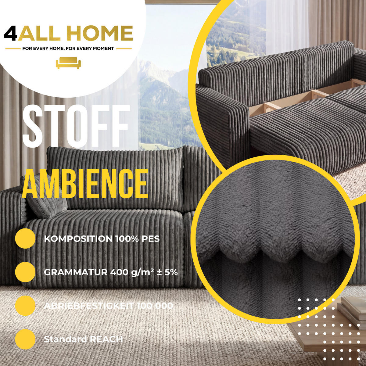 SOFA Kola mit Bettkasten und Schlaffunktion, Cordstoff - Grau, Holzwerkstoff (244/85/95cm) - 4ALL HOME