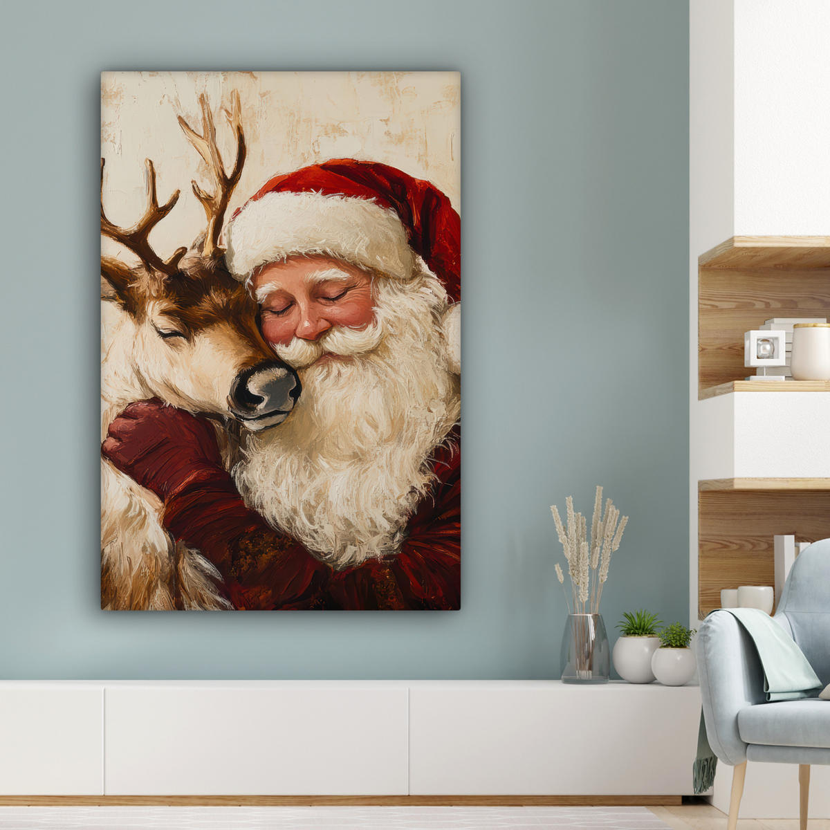 LEINWANDBILD Weihnachtsmann - Rentier - Weihnachten 80x120 cm - Rotbraun, Textil (80/120cm) - MuchoWow